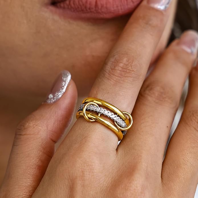 4 Pack Interlocked Stackable Rings for Women - 14K Gold Plated Statement 4 Mixed Metals Multi Ring Stack - Cubic Zirconia Two-Toned Connected Bands Stacking Jewelry