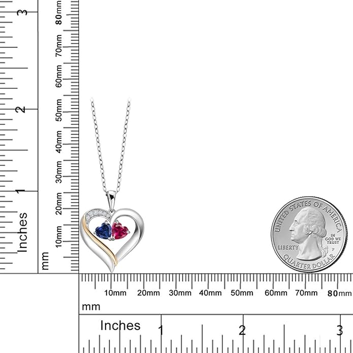 2-Heart Couple Name Engraved Pendant Necklace For Women | 925 Sterling Silver and 10K Yellow Gold | Customized and Personalized | Gemstone Birthstone and Lab Grown Diamond | 18 Inch Silver Chain