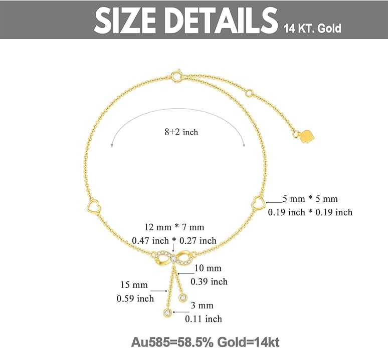 14K Solid Gold Heart Infinity Anklet for Women,Real Gold Dainty Moissanite Infinity Heart Anklets Beads Station Anklet Foot Link Anniversary Birthday Jewelry Gifts for Wife Mom 8''+2''