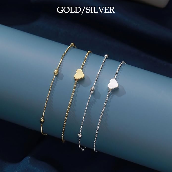FUNEIA Gold Silver Ankle Bracelets for Women Waterproof 14K Gold Plated Anklets for Women Non Tarnish Dainty Layered Beaded Heart Anklet Set Summer Beach Foot Chain Jewelry Gifts Trendy Stuff