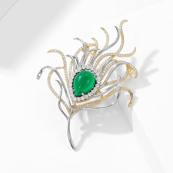 14K Gold Feather Brooch Pin with Moissanite Inlay - Elegant Coat and Suit Accessory for Women, Fashionable Business Attire Enhancement