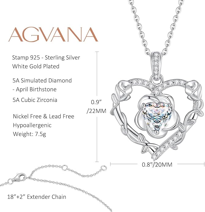 AGVANA April Birthstone Jewelry CZ Necklace for Women Sterling Silver Heart Rose Flower Pendant Necklace Anniversary Birthday Gifts for Women Mom Wife Her