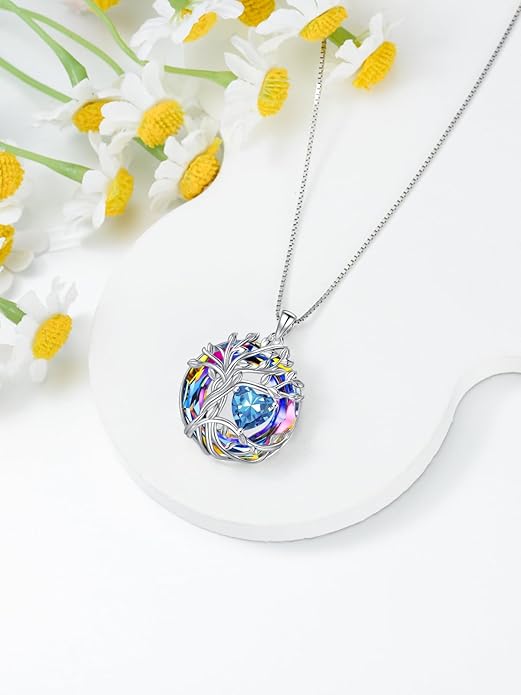 TOUPOP Christmas Gifts Tree of Life Birthstone Necklace 925 Sterling Silver Pendant Austrian Crystal Jewelry Anniversary Birthday Gifts for Women Mom Her Wife