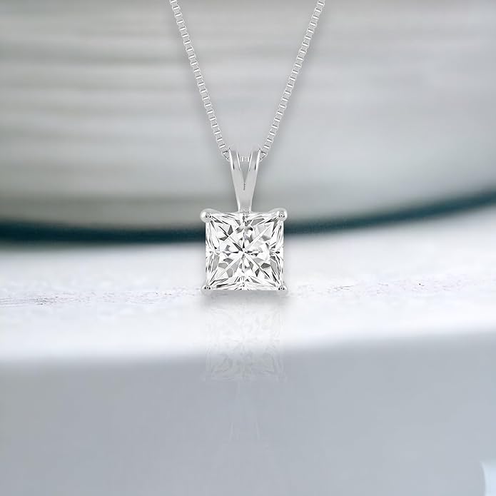 Everyday Elegance Solid 14K Gold Cubic Zirconia Solitaire Pendant Necklace for Women Heart, Princess, Round, Oval, Emerald, Pear & Cushion Cut 1 or 2 CTW | .60mm Thick 16" 18" Length Box Link Chain
