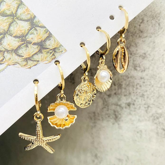 16 Pairs Starfish Jewelry Set for Women Dainty Seashell Necklace Starfish Earring Open Ring Boho Layer Charm Necklace Summer Beach Bracelets and Natural White Anklet Set Trendy Beachy Vacation Accessories Gift