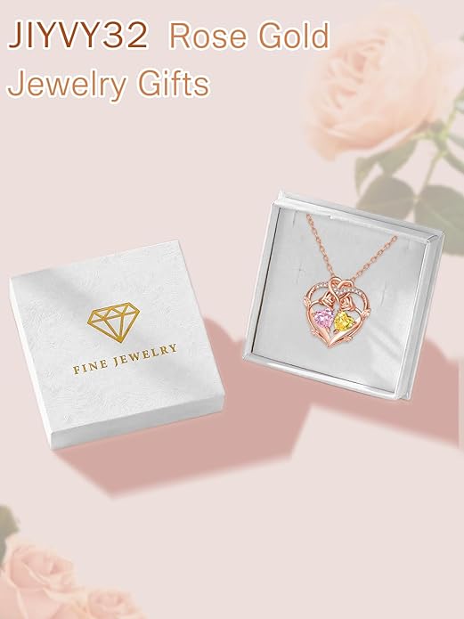 Rose Gold Necklaces for Women Double Birthstone Rose Flower Heart Pendant Necklace Jewelry Anniversary Christmas Valentine's Mother's Day Birthday Gift for Wife Mom Her Girlfriend Sister