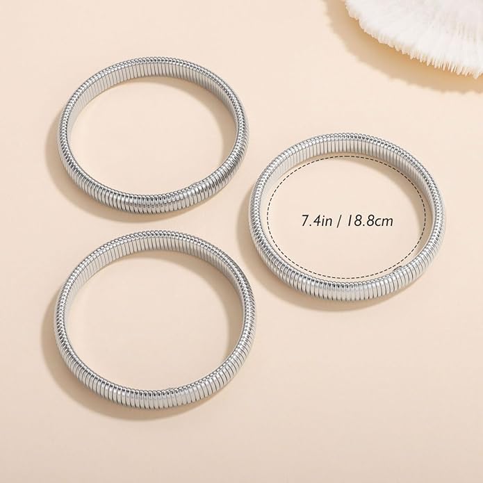 Emibele Gold Bangles Bracelet Set for Women, 18K Gold Plated Chunky Stainless Steel Non Tarnish Stretch Bracelet Stack, Flexible Wide Wristband Bangle Layered Snake Chain Bracelets