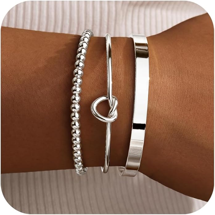 Silver Bracelets for Women Stack, Silver or Gold Plated Cuff Bangle Set, Trendy Silver Jewelry for Women Fashion