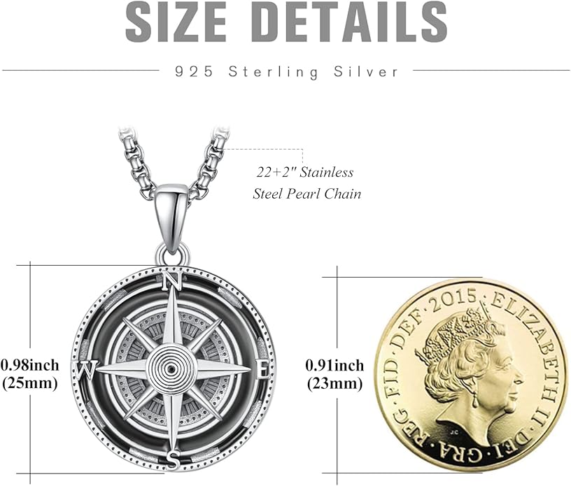 KINGWHYTE Compass Necklace for Men 925 Sterling Silver Birthday Gifts Graduation Travel Jewelry for Husband Brother with Stainless Steel Chain