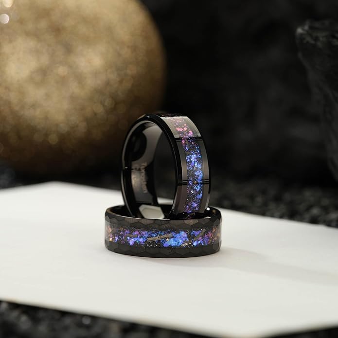 Men's 8mm Black/Gold Tungsten Carbide Wedding Ring Nebula Galaxy Wedding Promise Gold Foil Inlay Real Meteorite Matte Bevel Comfort Fit