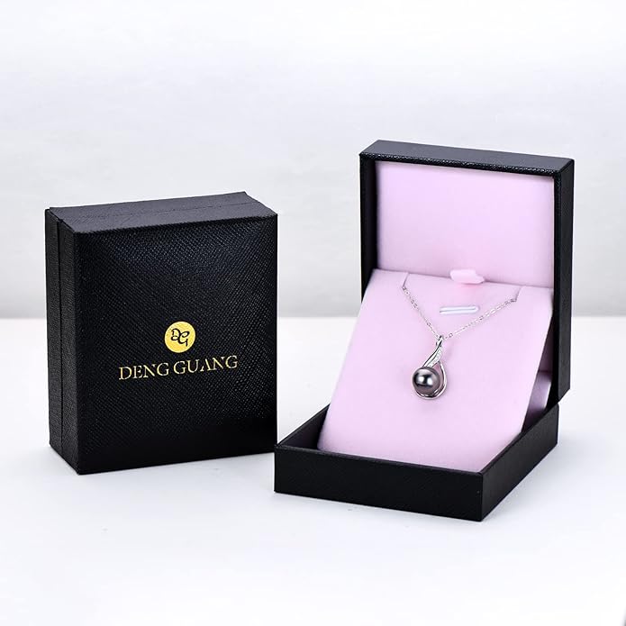 DENGGUANG Tahitian Black Pearl Necklace for Women Genuine 9-10mm Round Tahitian Cultured Pearls Pendant 18K Gold Plated 925 Sterling Silver - Jewelry Gifts for Mom Wife Daughter