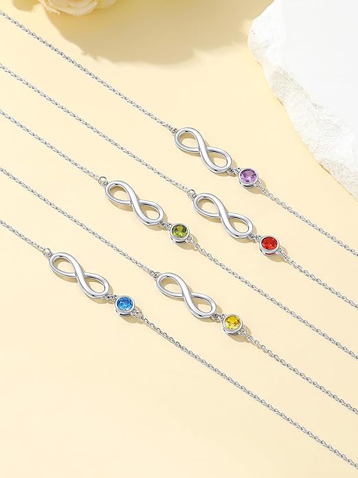 Custom4U Personalized Infinity Ankle Bracelets for Women 925 Sterling Silver Anklet Bracelet Endless Love Symbol Birthstone Charm Adjustable Foot Chain Jewelry Mothers Day Gifts for Mom Wife Women Her