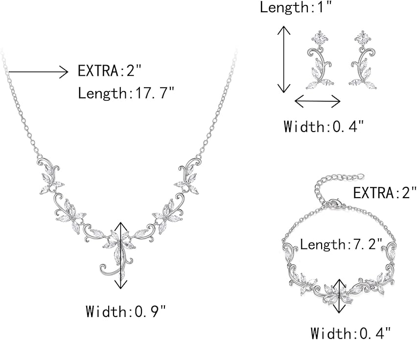Crysdue Flower Leaf Wedding Jewelry Set for Bridal Bridemaid, Cubic Zirconia Teardrop Elegant Silver/14K/Rose Gold Plated Vine Necklace Dangle Earrings for Prom Party