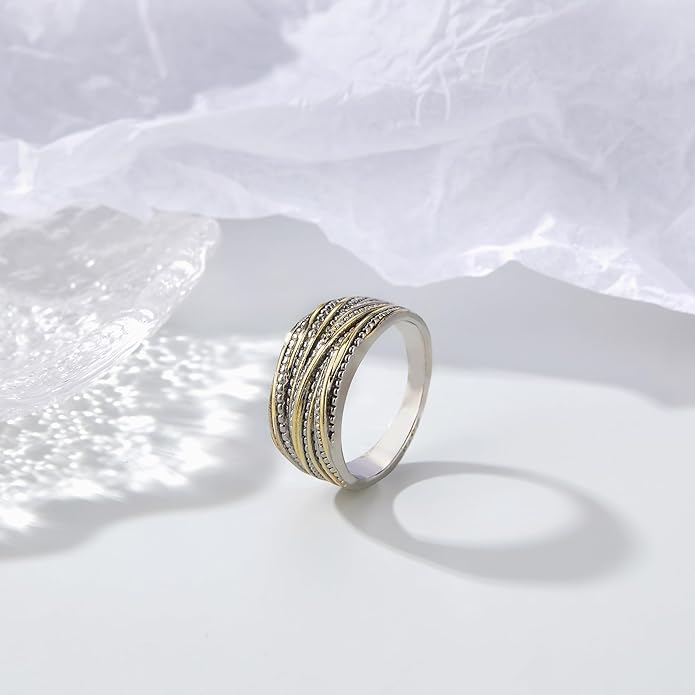 2 Tone 14K Gold & Silver Plated Ring, Wide Intertwined Crossover Statement Chunky Gold Rings Vintage Fashion Band Rings for Women Designer Jewelry Gifts