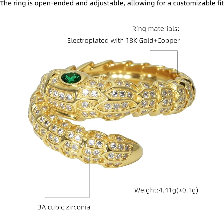 Aura & lrena Adjustable Snake Rings for Wome, 18K Gold or Platinum Plating Open-Ended Ring with AAA Cubic Zirconia Fashion Jewelry, Statement Gift Design Rings for Men and Women Non Tarnish
