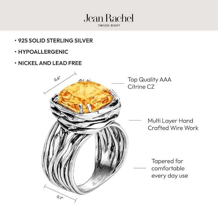 JEAN RACHEL JEWELRY 925 Sterling Silver Ring - Wrap Vintage Design with Cushion Shaped Cubic Zirconia - Hypoallergenic, Lead & Nickel Free - Artisan Handcrafted Statement Rings for Women