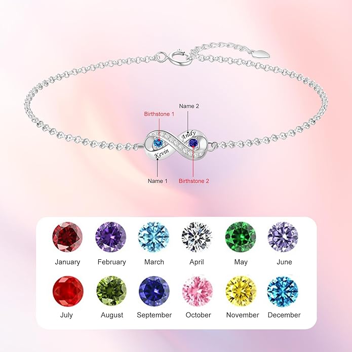 BABOOM Personalized Birthstone Bracelet for Mom Custom Infinity Name Bracelets with 1-8 Birthstones Jewelry Mothers Day Gifts for Women Mother Wife Grandma