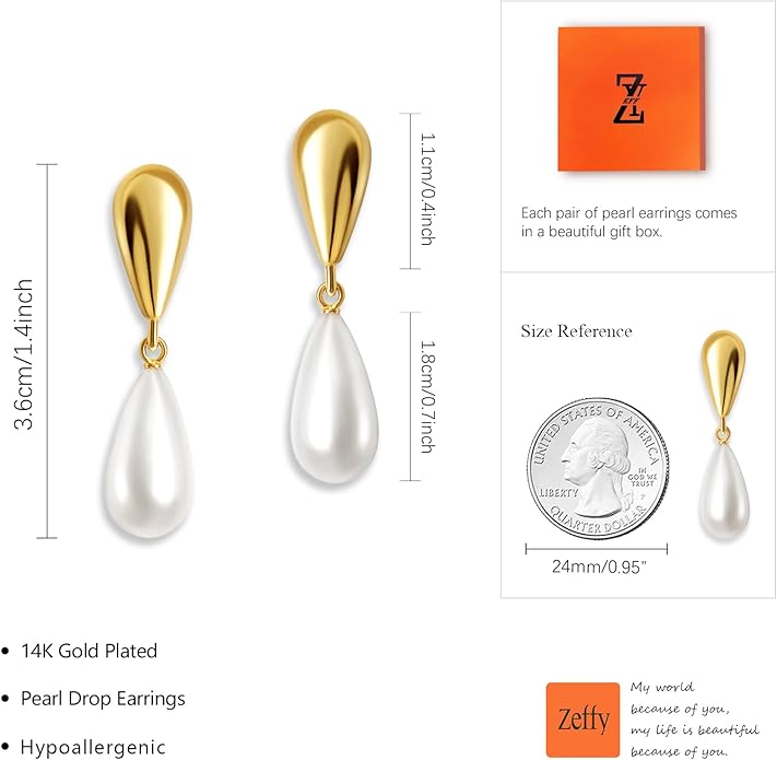 Zeffy Pearl Earrings for Women 14k Gold/Silver Pearl Drop Earrings Long White Pearl Tassel Dangle Statement Earrings Bridal Wedding Dainty Prom Earrings Birthday Gifts Jewelry