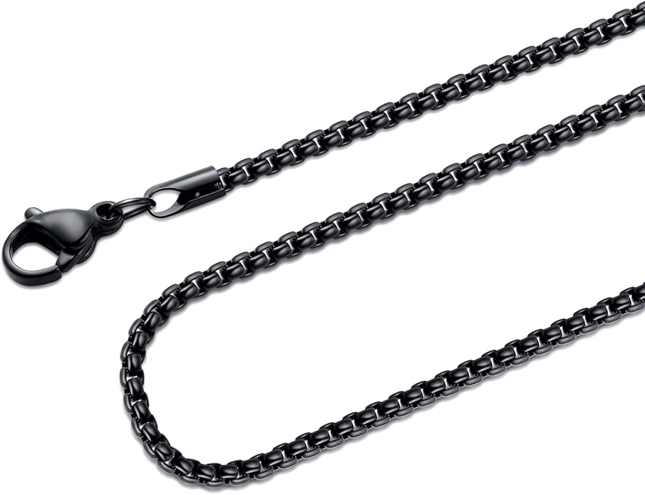 Fiusem Box Chain for Men, Silver Tone/14K Gold Plated/Black Stainless Steel Necklace for Men and Women, Width 2/2.5/3/4/5mm, Length 18-28 Inches