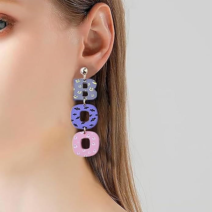 Halloween BOO Ghost Skull Earrings for Women, Gothic Dark Bat Dangle Earrings,Retro Acrylic Cute Lightweight Drop Dangle Earring Jewelry Gifts, Holiday Festive Cosplay Party Decorations Accessories