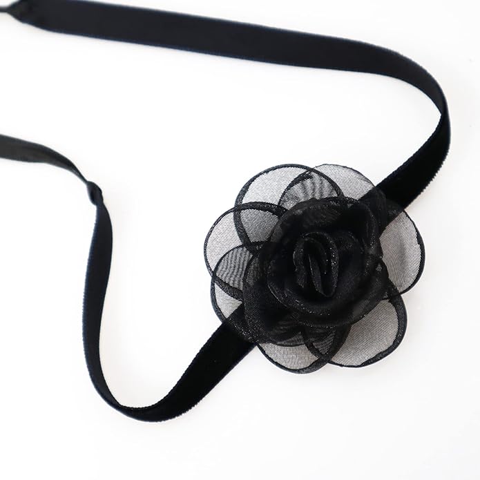 Black Choker Camellia Flower Lace-up Necklace For Women