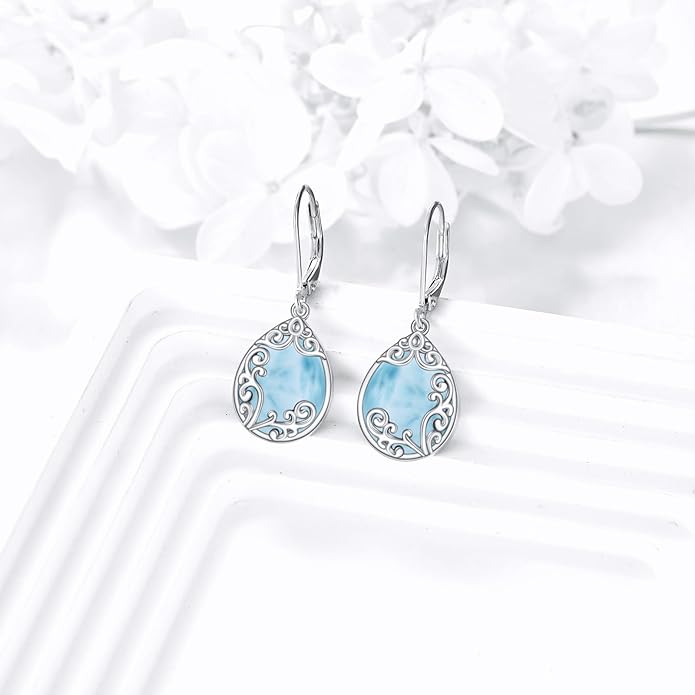 Filigree Earrings Sterling Silver Teardrop Moonstone Moss Agate Lapis Lazuli Larimar Emerald Peridot Opal Dangle Dangly Drop Leverback Earrings Boho Jewelry Gifts for Women