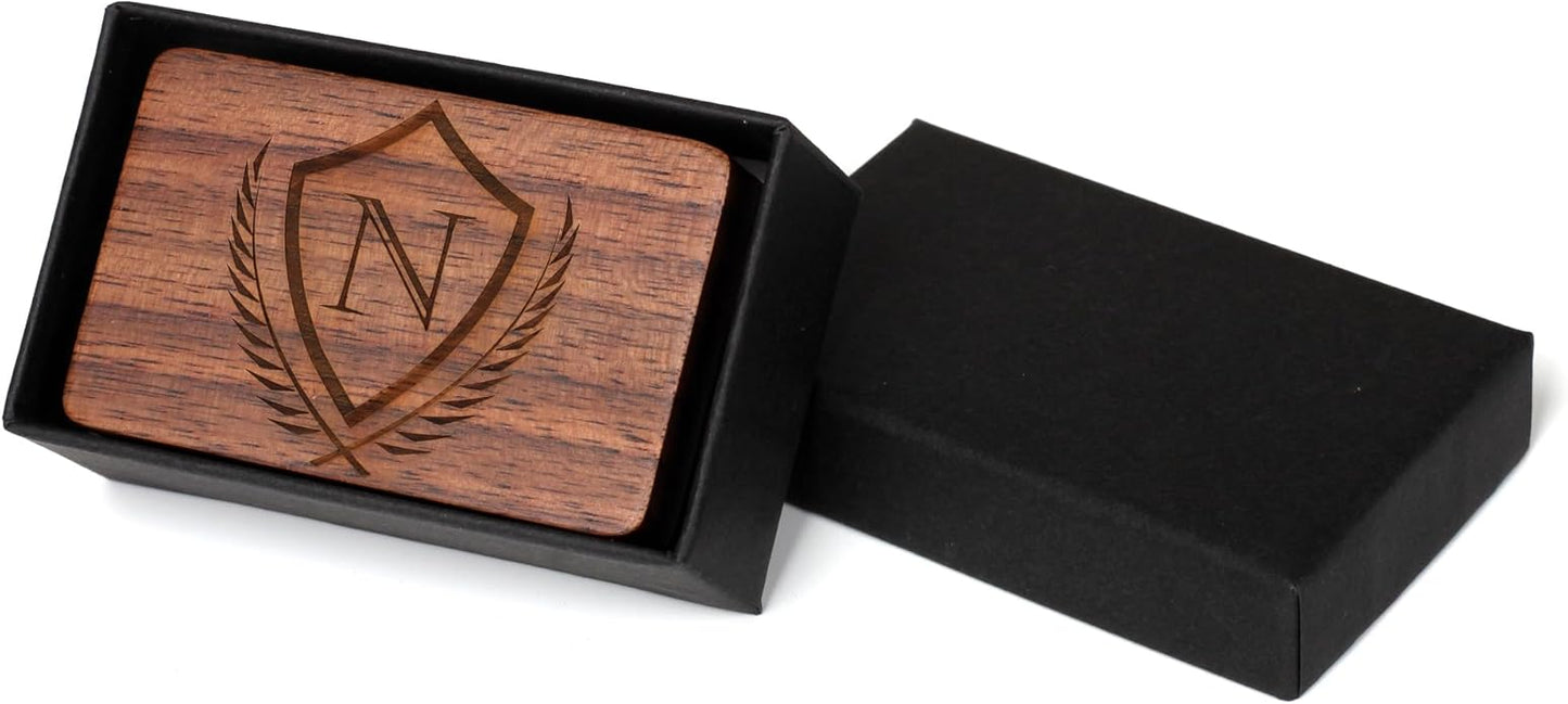Mens Initial Cufflinks and Tie Clip A-Z Alphabet Letter Black Stainless Cuff Links Tie Bar with Engraved Walnut Wood Box Groom Groomsman Wedding Set