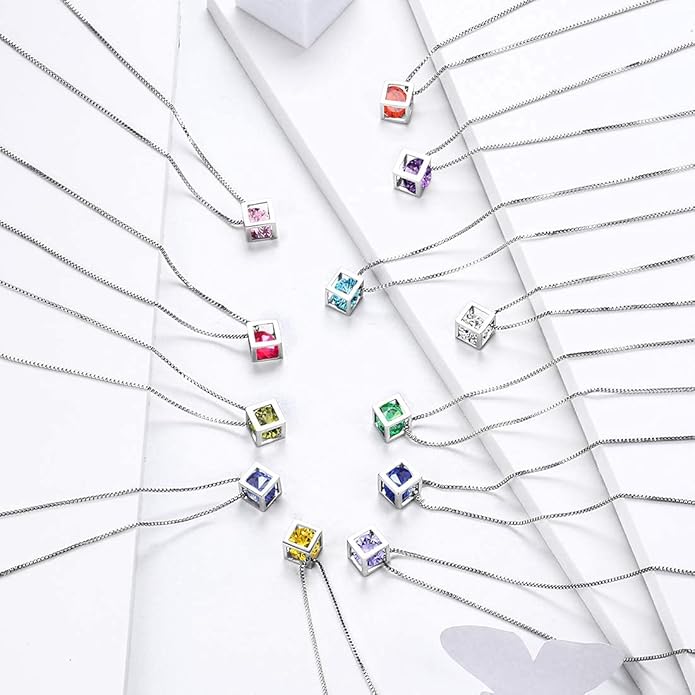 Aurora Tears Birthstone Necklace/Earring 925 Sterling Silver Women Cross/3D Cube/Cresent Moon Birth Stone Jewelry Mens Birthday Gift Anniversary Present