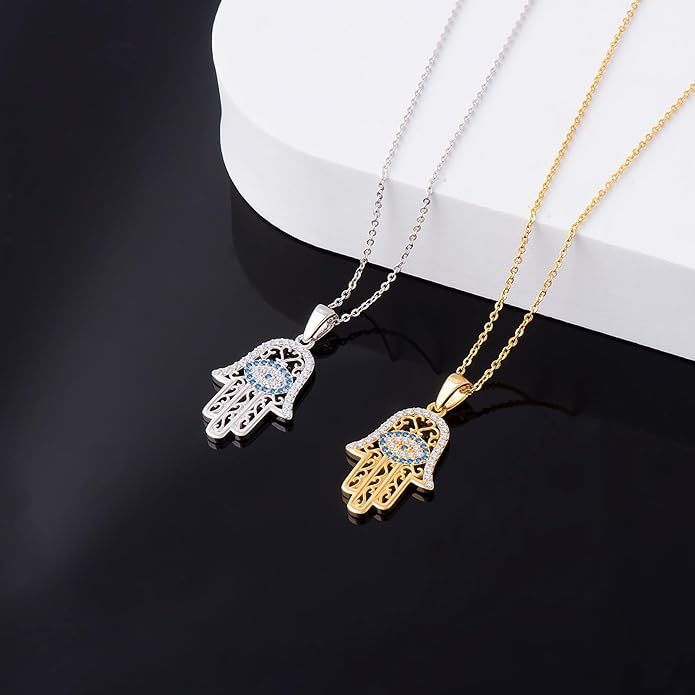 White Gold 14K Gold Plated Necklaces for Women Evil Eye Necklace for Women Girls Evil Eye Hamsa Hand of Fatima Pendant Necklace Good Luck Necklace Jewelry