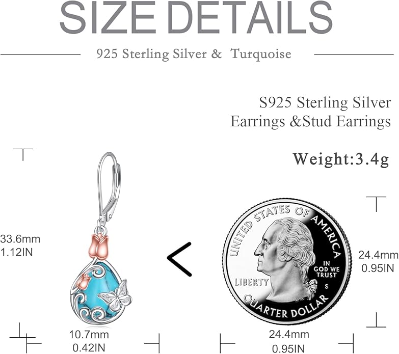 AOBOCO Butterfly/Dragonfly/Bee/Ladybug Leverback Earrings 925 Sterling Silver Rose Lotus Tulip Flower Filigree Dangle Earrings Teardrop Moonstone Larimar Turquoise Abalone Shell Jewelry Birthday Gifts for Women