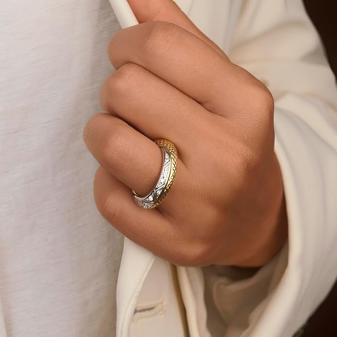 Stackable Rings for Women Infinity Interlocking Stack Non-Tarnish Two-Tone 18K Gold Silver Plated Engagement Wedding Promise Chunky Fidget Dainty Cubic Zirconia Band Jewelry Statement Ring