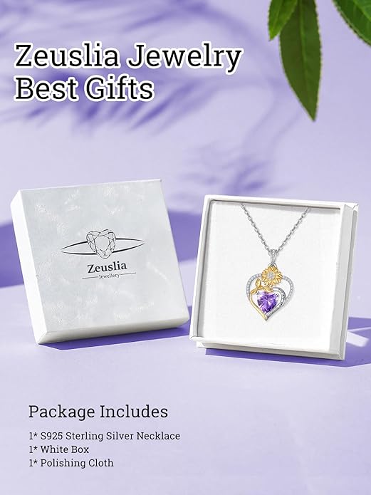 Zeuslia Double Birthstone Necklace Gifts for Wife - 925 Sterling Silver Sunflower/Rose/Crown Cross/Compass/Heart Pendant I Love You Necklace, Anniversary Birthday Gifts for Wife Girlfriend Mom Her