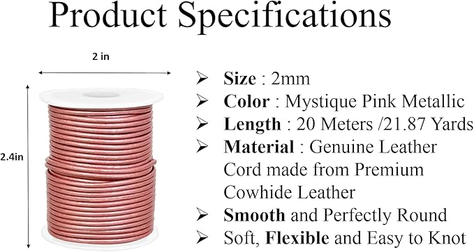 GENIQUE Real/Genuine Round Leather String Cord for Necklace, Bracelets, Jewelry, Kumihimo Braiding, DIY Projects (20 Metres) (2mm, Mystique Pink)