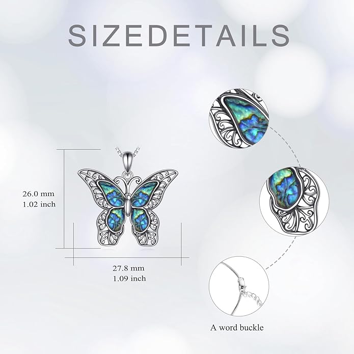 Abalone Filigree Butterfly Necklace Sterling Silver for Women, Mother of Pearl Jewelry Unique Vintage Gift for Christmas or Birthday