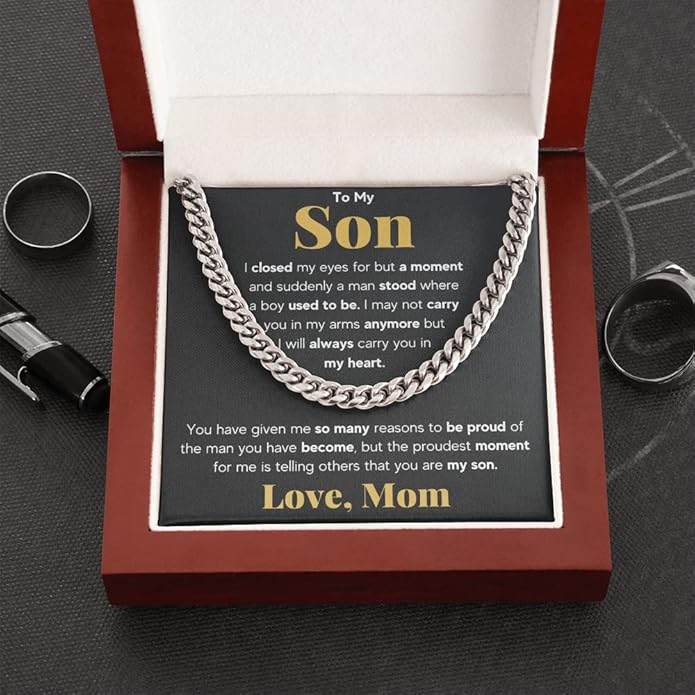 FG Family Gift Mall To My Son From Mom, Son Gifts From Mom and Dad, Mother and Son Necklace, Birthday Gift For My Son Graduation Christmas Cuban Link Chain Necklace Present