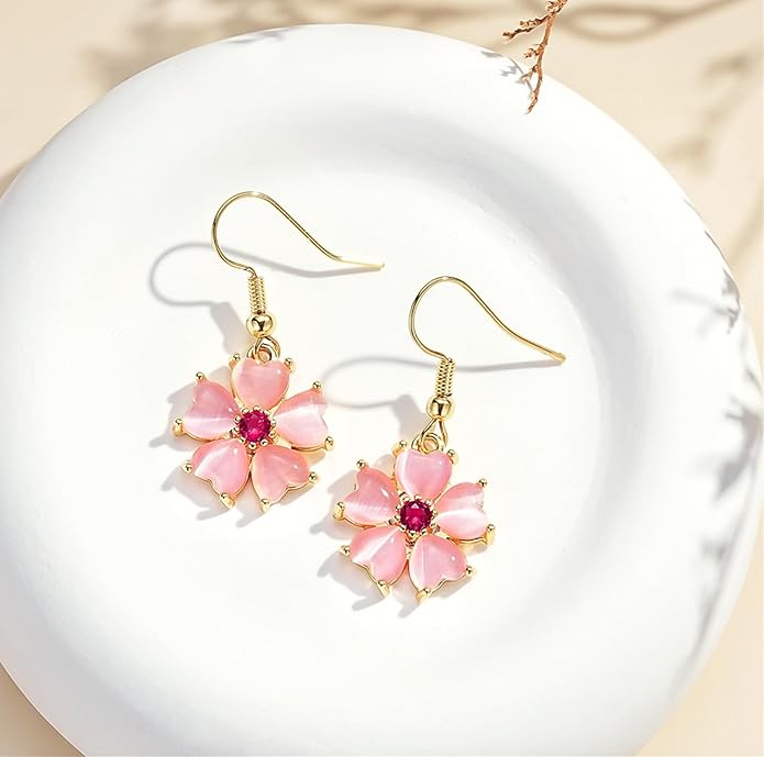 VONSSY Elegant Cherry Blossom Necklace Earrings Pink Cats Eye Flower Flora Sakura Gemstone Crystal Pendant 18k Gold Plated Chain Jewelry Set Gift for Woman Wife Girlfriend