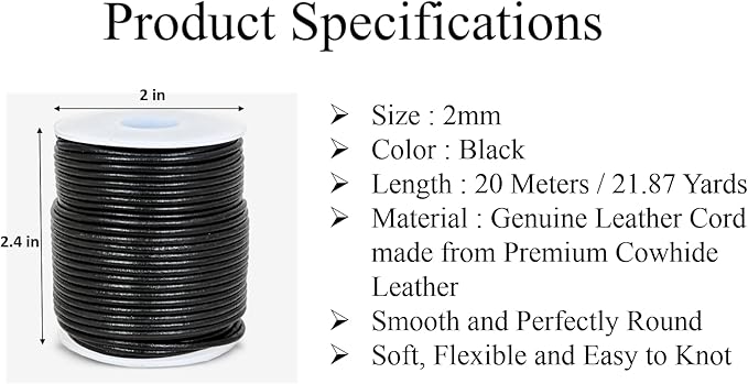 GENIQUE Real/Genuine Round Leather String Cord for Necklace, Bracelets, Jewellery, Braiding (2mm, Black)