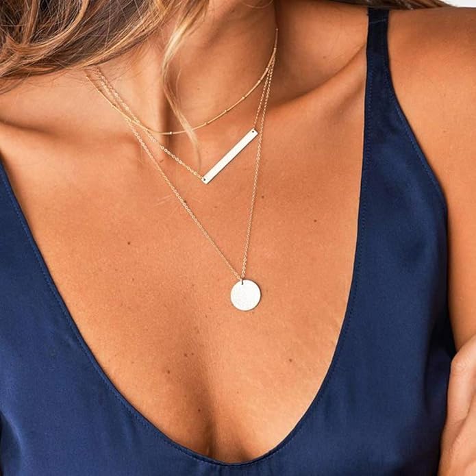Turandoss Dainty Layered Choker Necklace, Handmade Y Pendant Necklace Multilayer Bar Disc Necklace Adjustable Layering Choker Necklaces for Women