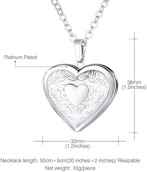 U7 Women Locket Necklace Platinum 14K Gold Photo Lockets that Hold Picture,Chain 20 Inch Personalized Gift Custom Love Heart Image Necklaces