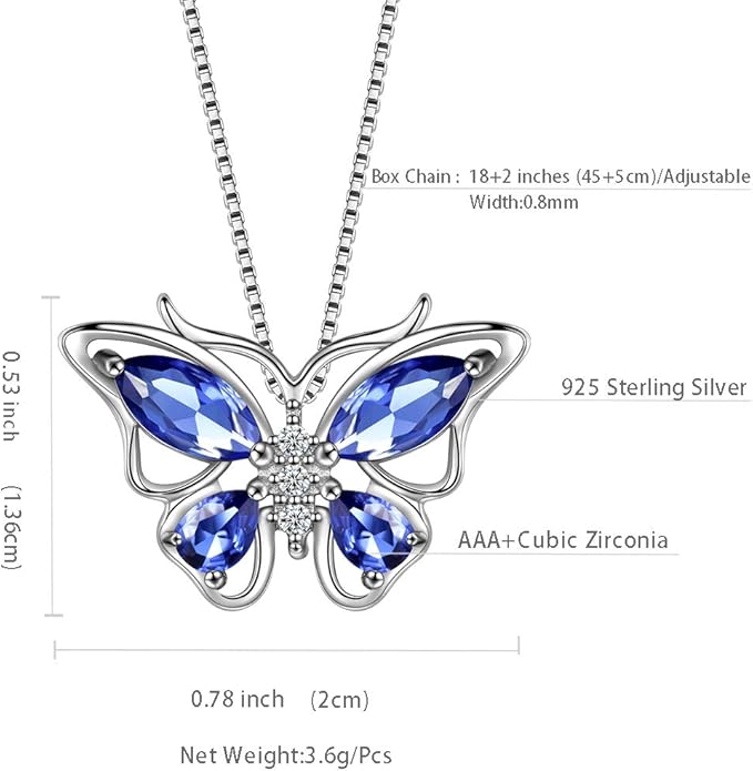Aurora Tears Butterfly Birthstone Pendant Necklace - Women 925 Sterling Silver Butterflies Birthstone Pendant Necklace Jewelry Birthday Gift for Women