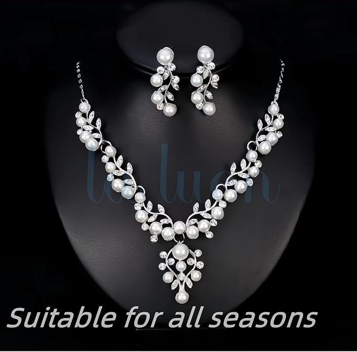 la luen Pearl Bride Wedding Jewelry Set Faux Pearls Crystal Rhinestone Necklace Earrings Bracelet Sets for Women Bridesmaid(3 PCS)