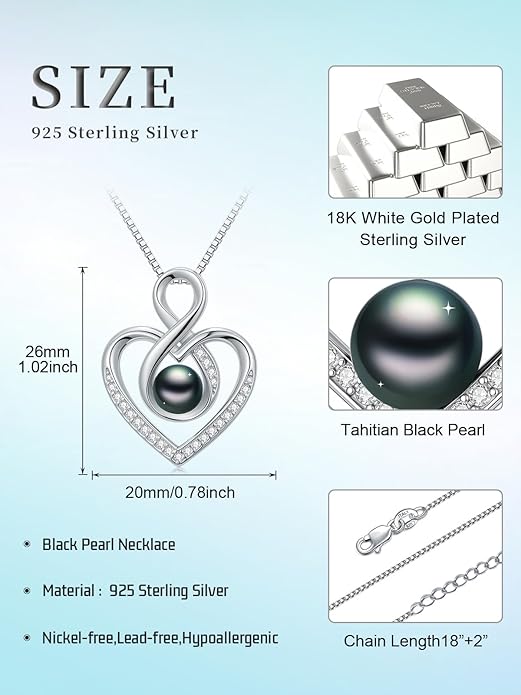 KANNSOAR Tahitian Black Pearl AAAA 18K White Gold Plated Sterling Silver Heart Pendant Necklace for Women Wife Mom Girlfriend Valentine Her Jewelry Gift for Anniversary Birthday Christmas