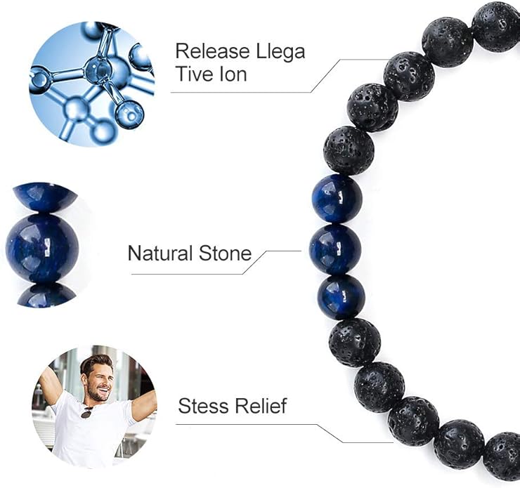 M MOOHAM Natural Stone Bracelets for Men - 8mm Tiger Eye, Matte Agate, Lava Rock - Teen Boys Gifts for Birthday, Anniversary, Christmas