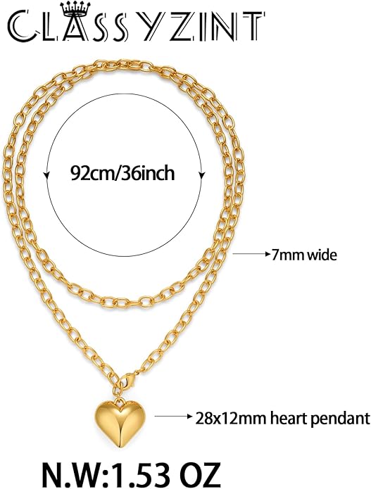 CLASSYZINT Gold Heart Pendant Necklace for Women Puffy Heart Necklace Beads Chain Necklace Statement Necklace Trendy Jewelry