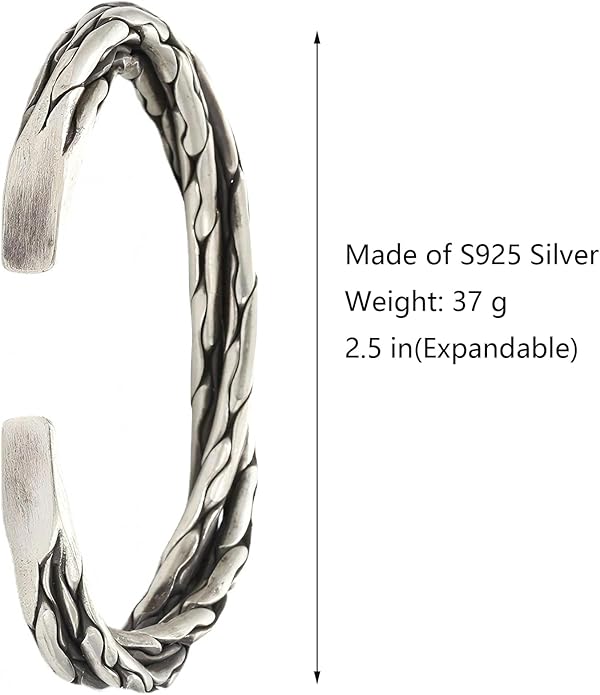 Kim Carrey S925 Sterling Silver Bracelet, Open Bangle Cuff Design, Men's Stacked Bracelets Gift Jewelry for My Man