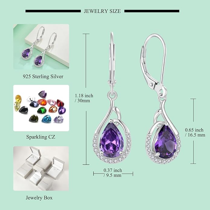 Starchenie Teardrop Dangle Drop Earrings 925 Sterling Silver Pear Birthstones Leverback Earrings Gift for Women