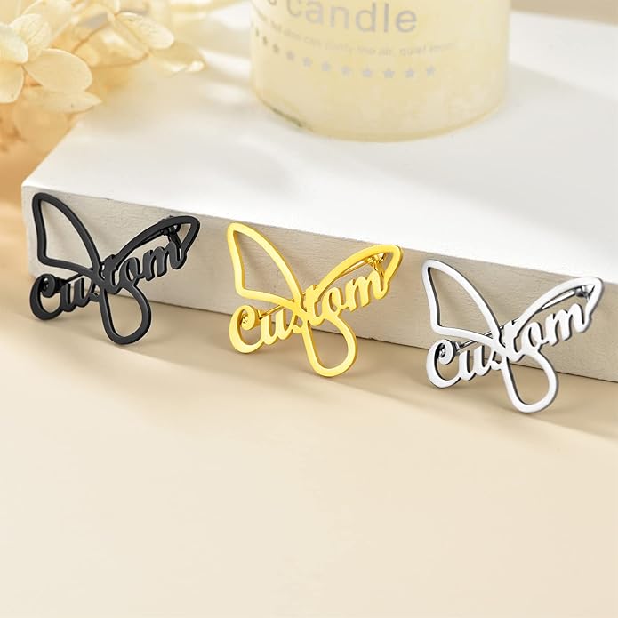 Custom4U Custom Name Pin Personalized Brooch Pins for Women Men Stainless Steel Name Tag with Letters/Initials - Silver/Gold/RoseGold/Black Customized Jewelry Gifts for Birthday Wedding Business Party