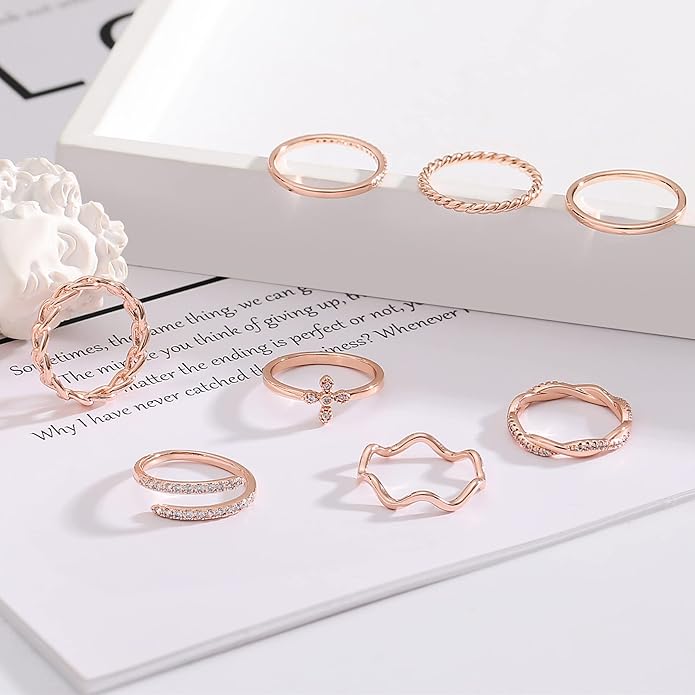 Honsny 14K Gold Plated Stacking Rings Set for Women, Stackable Knuckle Thumb Rings Thin Dainty Silver Rings for Women Wedding Eternity Band Simple Rose Gold Ring Size 4-11