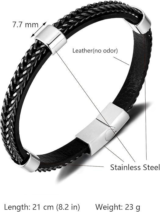 Italian Handmade Genuine Leather Bracelets for Men Stainless Steel Clip, Men's Casual Genuine Multi-layer Cuff Bracelet, Bracelet Gift for Real Men