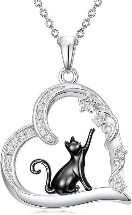 Cat Gifts for Women 925 Sterling Silver Heart Moon Cat Necklace Pendant Women Jewelry Halloween Christmas Gifts